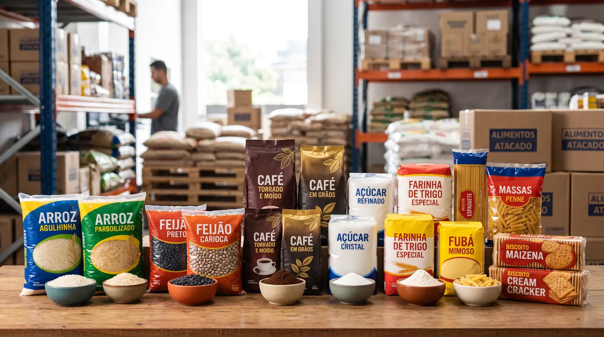 Mesa com embalagens de arroz, feijão, café, açúcar, farinha, massas e biscoitos em centro de distribuição
